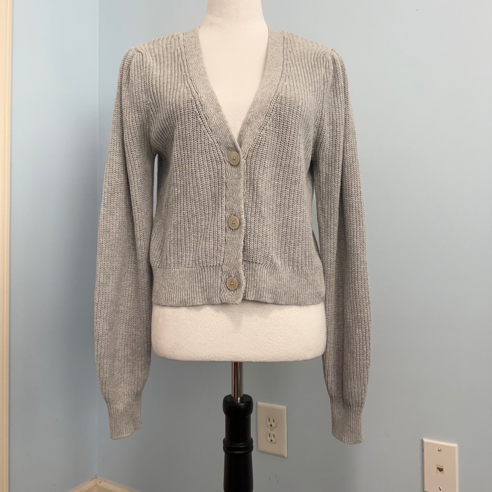 Aerie Gray V-Neck Button-Front Knit Cardigan 100% Cotton